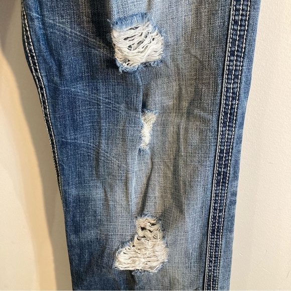 AFFLICTION Sz 33 Cooper Distressed Straight Leg Rubber Logo Patch Jeans - Picture 2 of 16